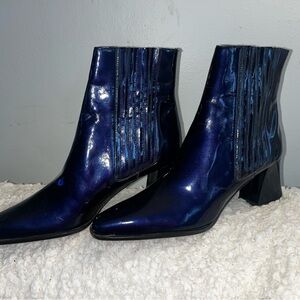Escada Navy Patent Pointed Ankle Boots